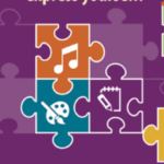 Puzzle pieces collage. Art, Music, Film, Dance