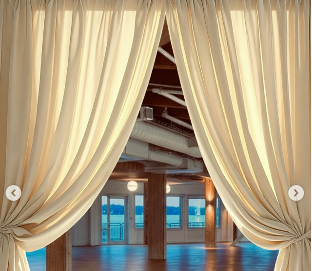 Curtain opening with windows and dance floor.