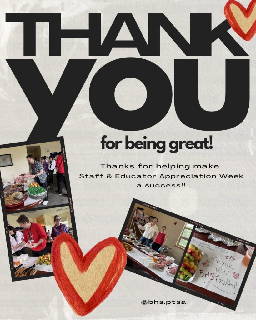 Collage of photos with staff and PTSA volunteers at tables with food. Text: Thank You