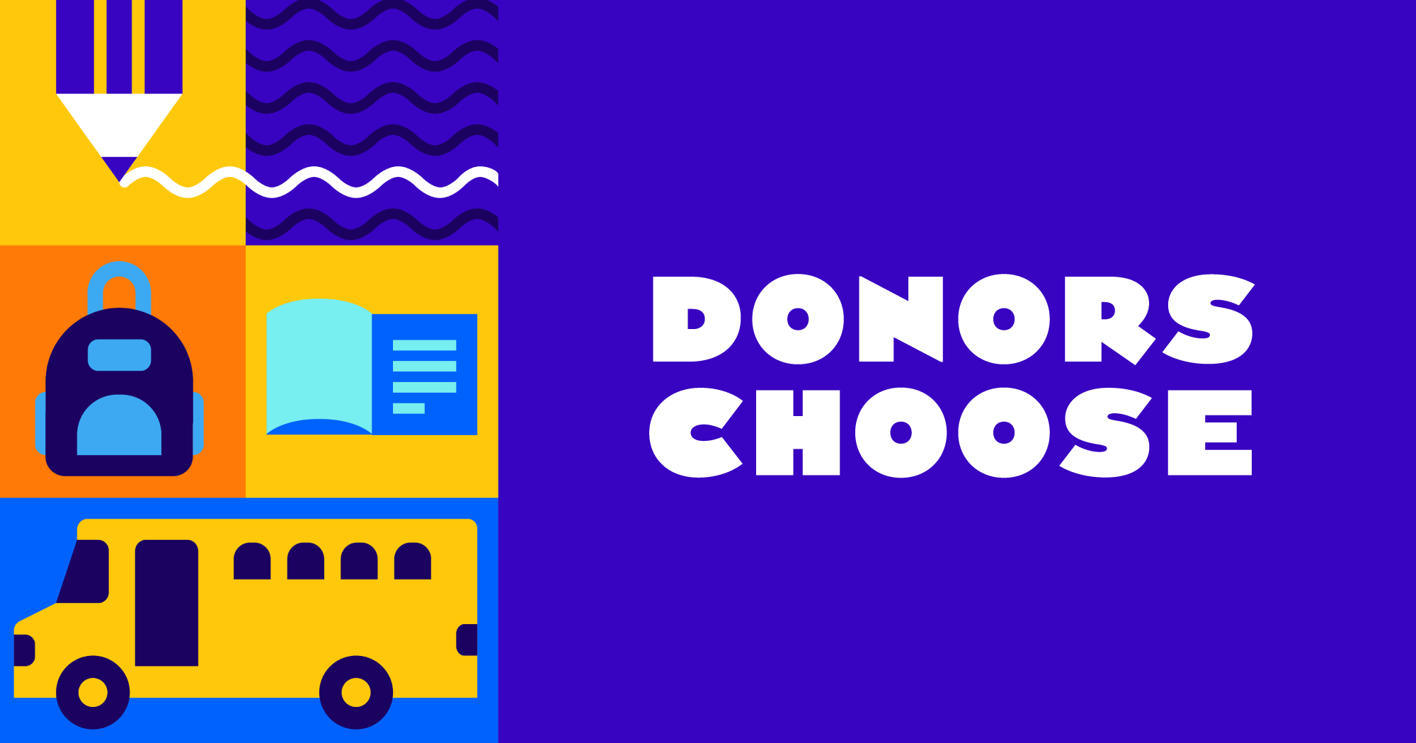 Bus, Backpack, Pencil. Text: Donors Choose Logo