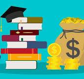 Stack of books with a graduation cap and a bag with a $