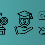 Figures talking, school building, graduation cap, hands with $ career arrow. Hand with light bulb