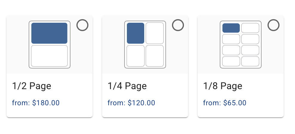 Page size examples. Text: 1/2 page from $180. 1/4 Page from $120. 1/8 Page from $65.