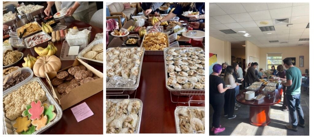 Staff tables with food for lunch. Staff going around tables.