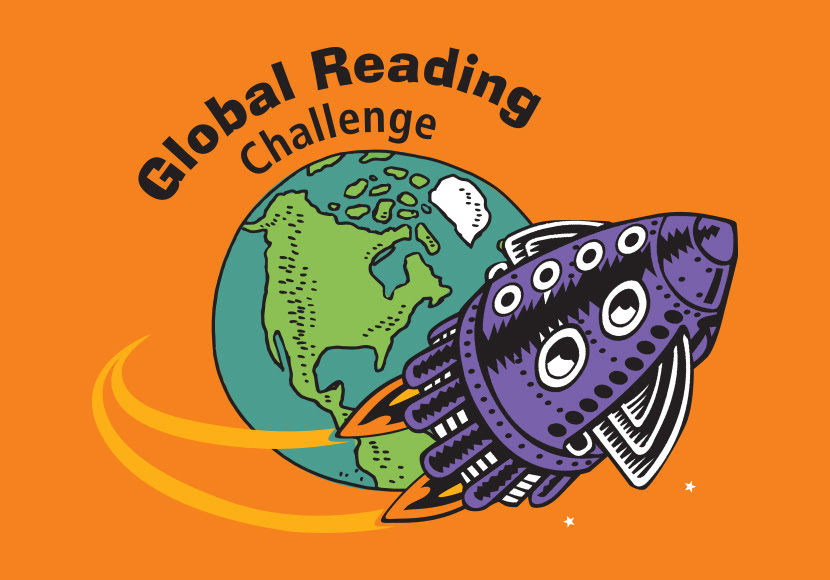 Global Reading Challenge with an image of the earth with a rocket circling