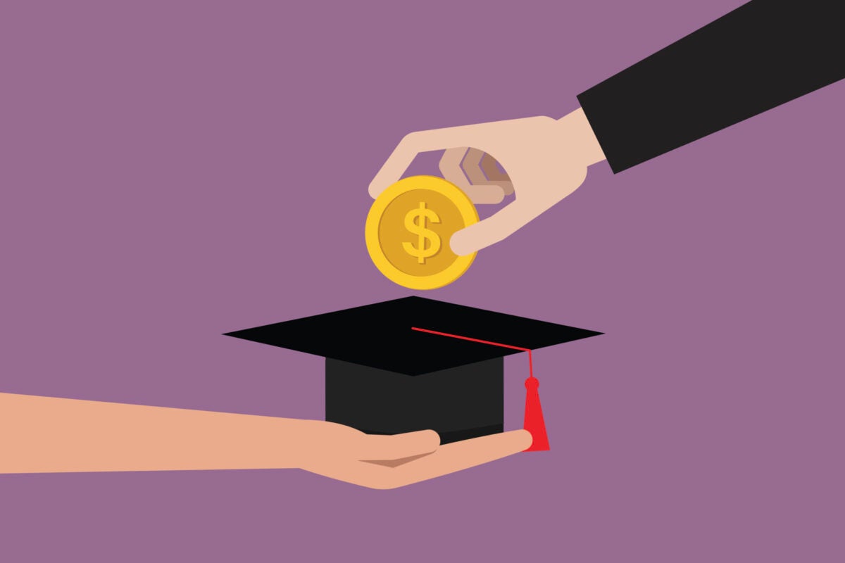 graphic of a hand putting a coin in a graducation cap