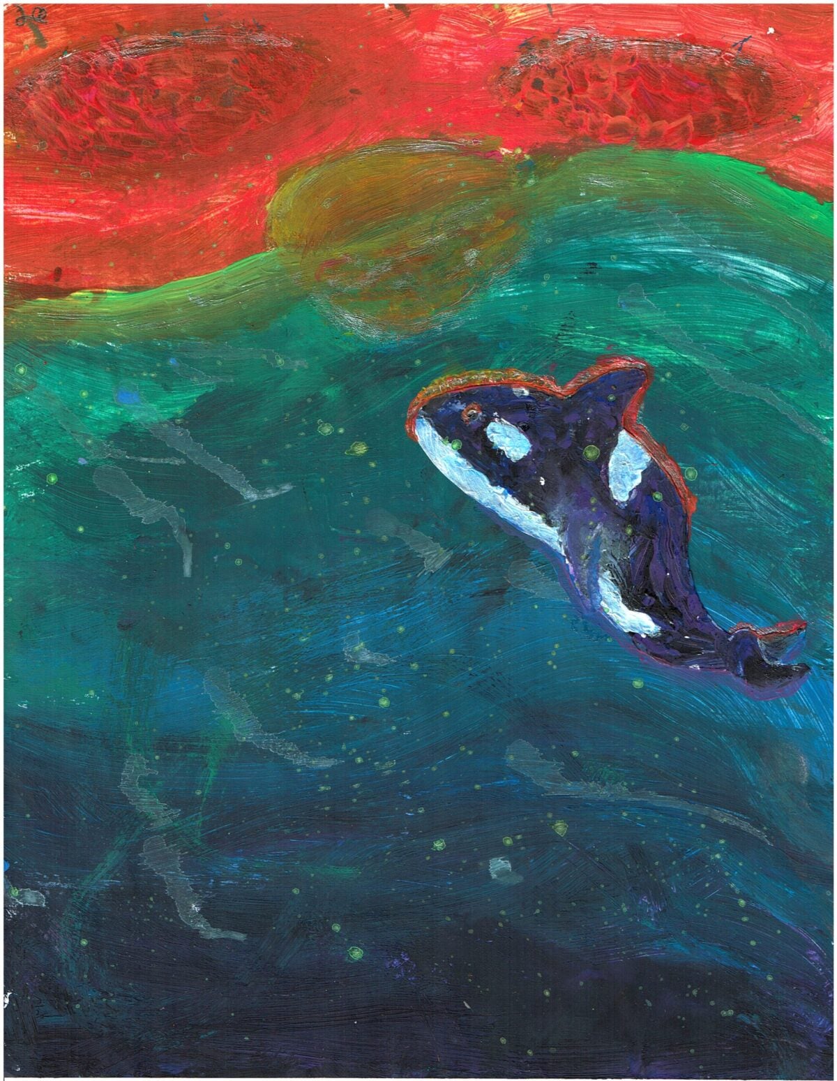 Rainbow painting of orca whale swimming