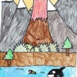 Student artwork mountains, water and orcas